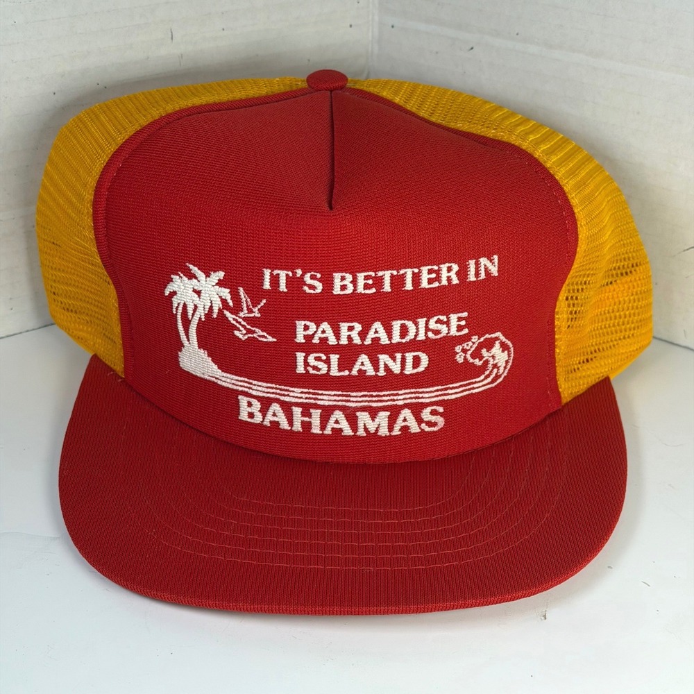 Vintage Cosmic Caps Paradise Island Bahamas Trucker Hat‎ Red Yellow Snapback